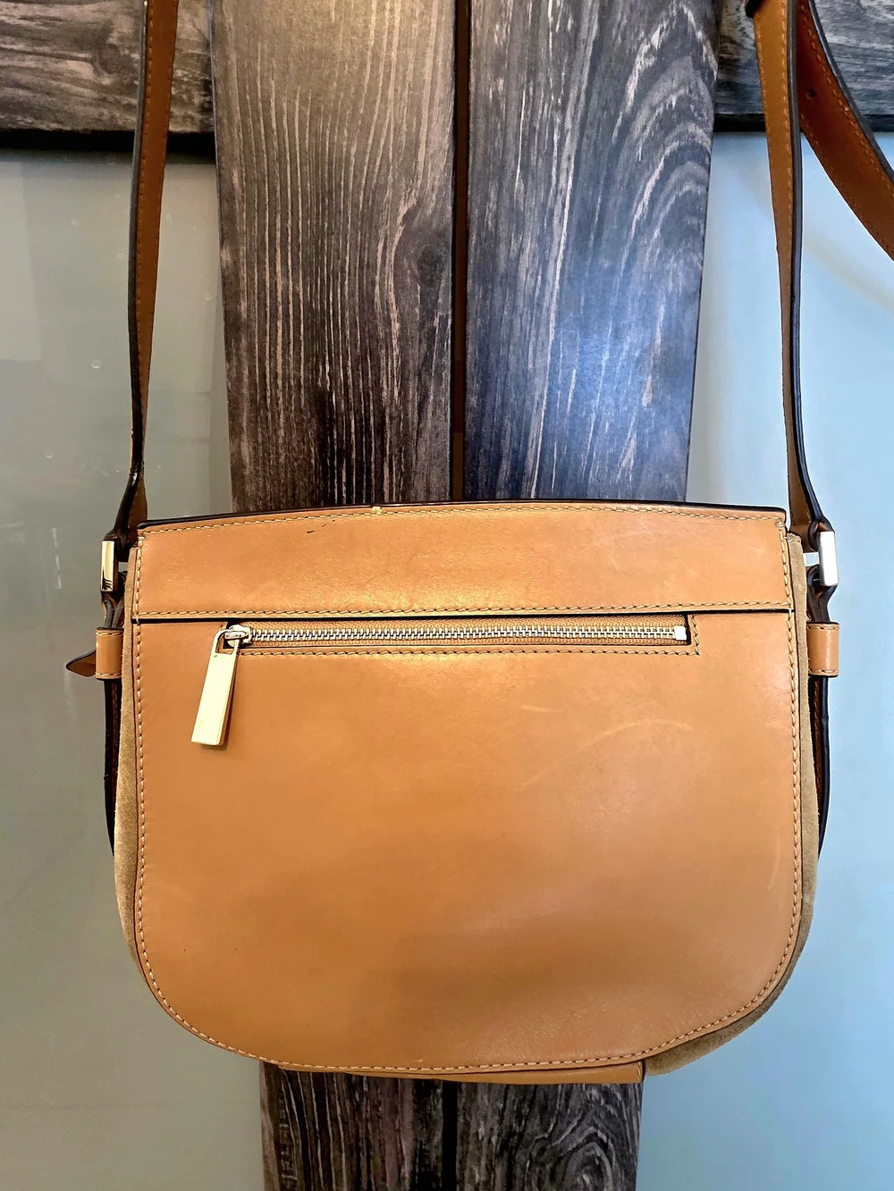 Michael Kors Tan Suede Leather Shoulder Bag - Gold Hardware, Buckle, MK Charm - Picture 10 of 12